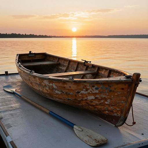 Rustic Wooden Rowboat at Sunset