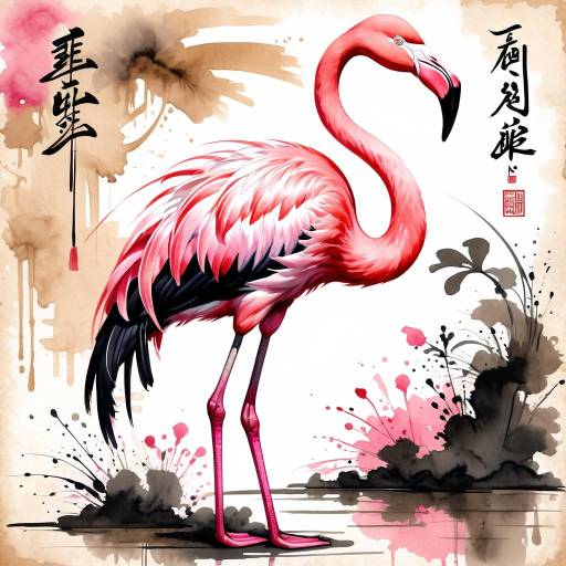 Majestic Flamingo in Ink Wash Art