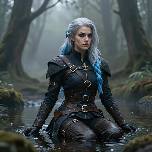 Fantasy Woman in Medieval Armor Sitting in Forest Pool