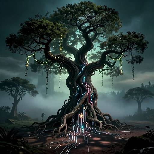 Digital artwork of a twisted, glowing tree with neon roots and hanging lights in a misty, dark forest, illuminated by a blue-green light.