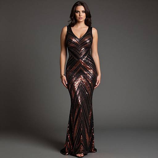Photograph of a woman with dark wavy hair wearing a shimmering black and rose-gold sequined V-neck gown, standing against a gray studio