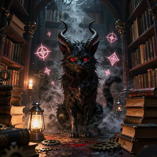 Enchanted Feline Witch in Gothic Library