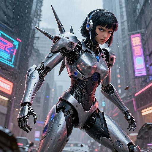 Cyberpunk digital art: Female robot with black bob hair, silver and black armor, neon-lit rainy city street, futuristic, intense expression.