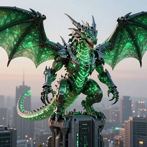 Digital art of a glowing green, metallic dragon with large wings standing on a skyscraper rooftop against a city skyline at sunset.