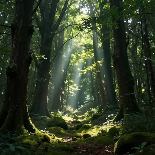 Photograph of a sunlit, dense forest with tall trees, bright green moss-covered ground, and sunlight beams filtering through the canopy.
