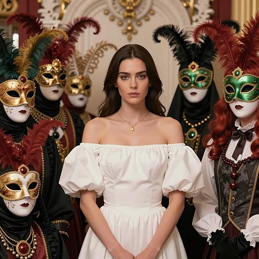 Woman in White Dress Surrounded by Venetian Masked Figures
