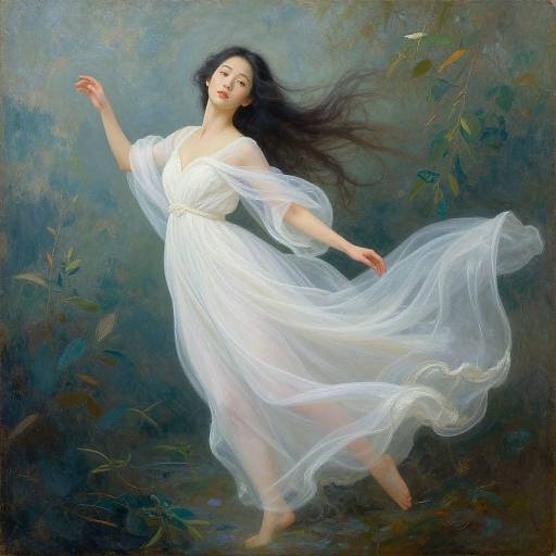 Digital painting of an ethereal Asian woman with long black hair, wearing a flowing white dress, dancing gracefully in a dark, leafy background.
