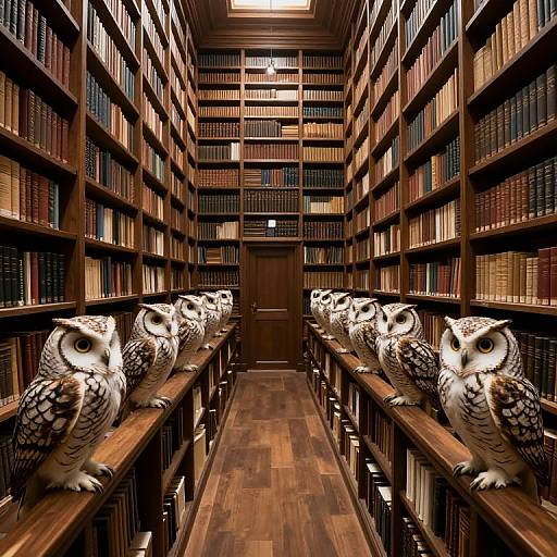 Photograph of a library aisle with wooden shelves filled with books, lined on both sides with white, brown, and black owls perched on the