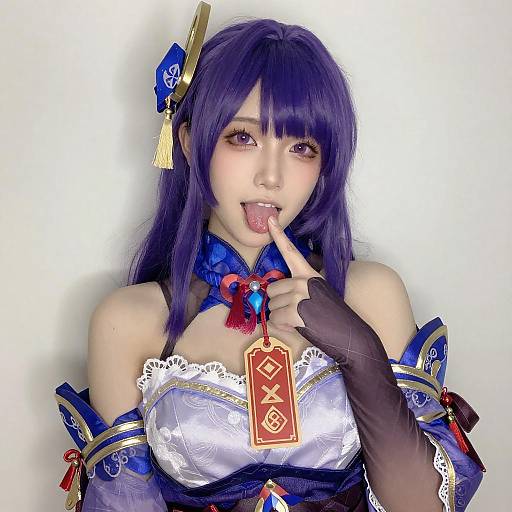 Purple Hair Cosplay with Playful Pose