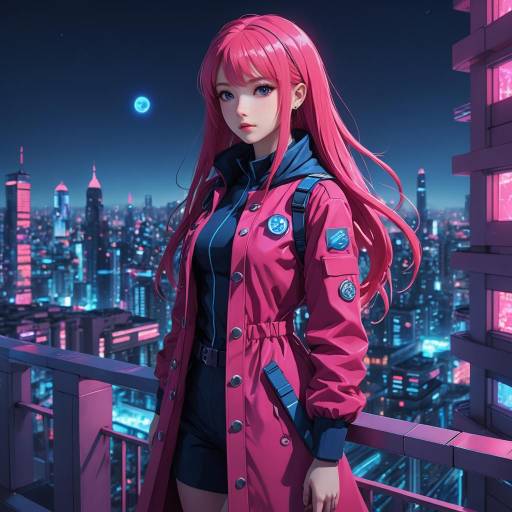 Cyberpunk Girl with Pink Hair at Night Cityscape