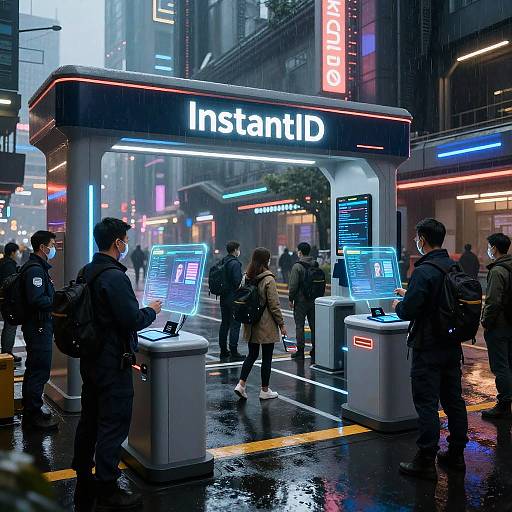 Photograph of a rainy urban night scene with neon lights, people in raincoats using touchscreen kiosks at an 