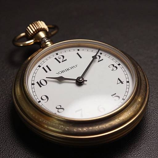 Photograph of a vintage, brass pocket watch with a white face, black numerals, and black hands, set against a dark, textured background.