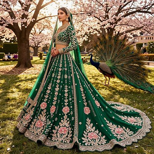 Photograph of a beautiful Indian woman in a green, floral-embroidered lehenga with a peacock in a sunlit, cherry blossom park