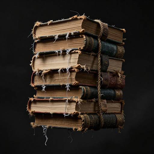 Photorealistic CGI of a stack of five old, torn, and frayed books with glowing white electric sparks against a black background.