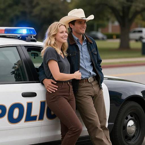 Smiling Duo by Police Car in Park
