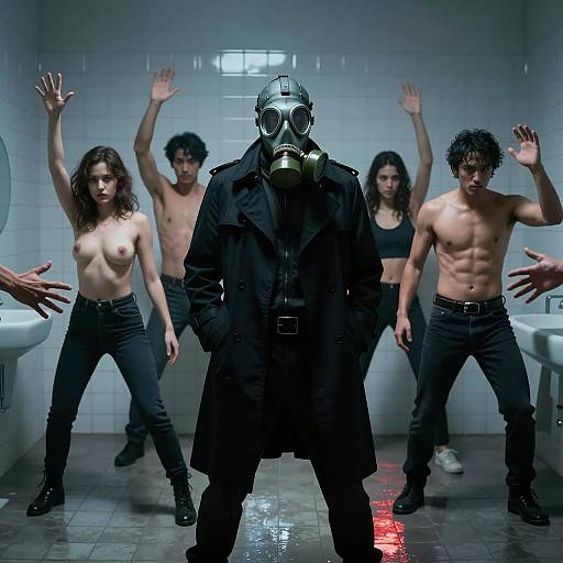 Intense Dark Bathroom Scene with Figures