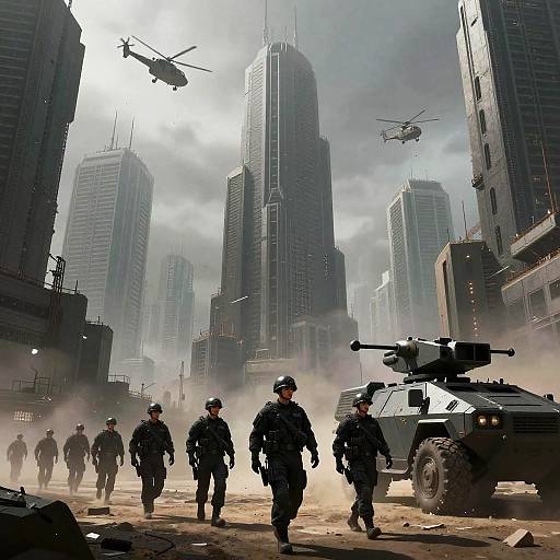 Photograph-style digital artwork of soldiers in black tactical gear walking through a dusty, war-torn urban canyon with towering skyscrapers and flying helicopters in