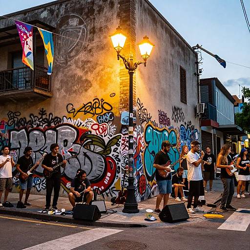 Photograph of a street graffiti performance: musicians and dancers in casual clothes, playing instruments and dancing under a lit streetlamp, against a graffiti-covered building