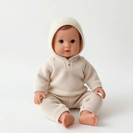 Photograph of a realistic baby doll with light skin, brown eyes, and wearing a white knit hooded onesie, sitting on a white background.