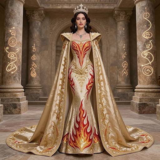 Photograph of a regal woman with dark hair, wearing an ornate gold and red flame-patterned gown, long cape, and silver crown,