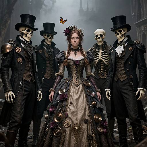 Victorian Gothic illustration: Pale-skinned woman in ornate dress with skull-top hat, flanked by four skeletal men in top hats, foggy