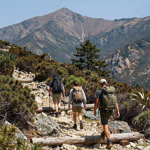 Three Hikers on Rugged Mountain Trail