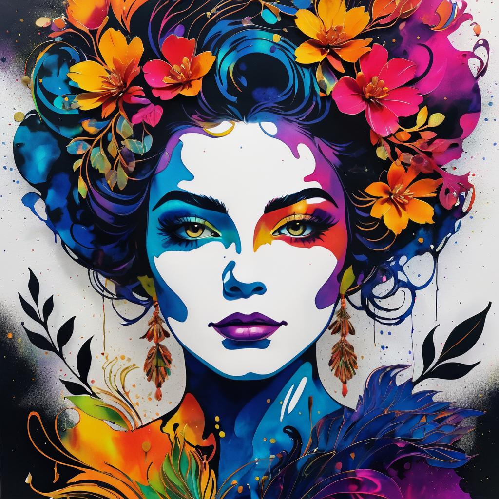 Colorful Abstract Portrait with Botanical Hair