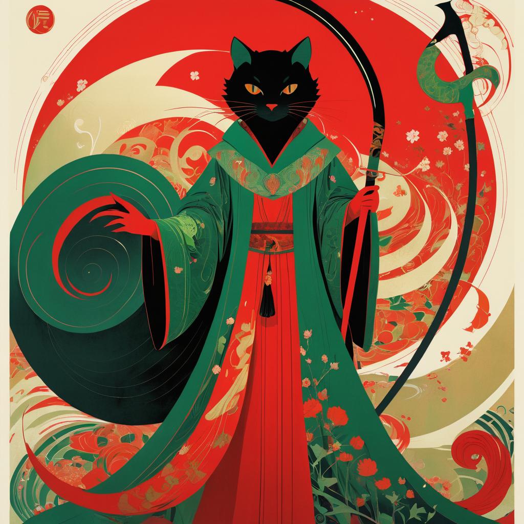 Curious Cat in Flowing Robe Illustration