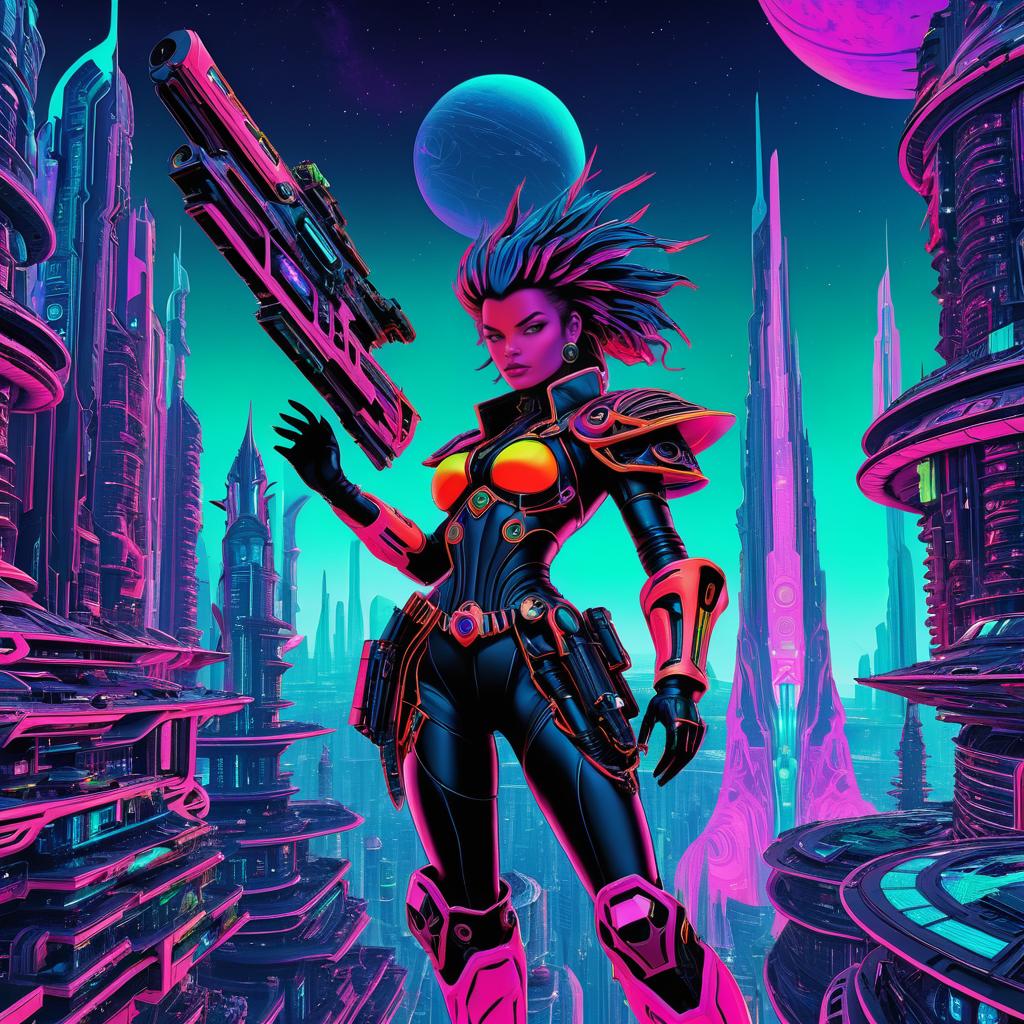 Vibrant Space Pirate in Alien City