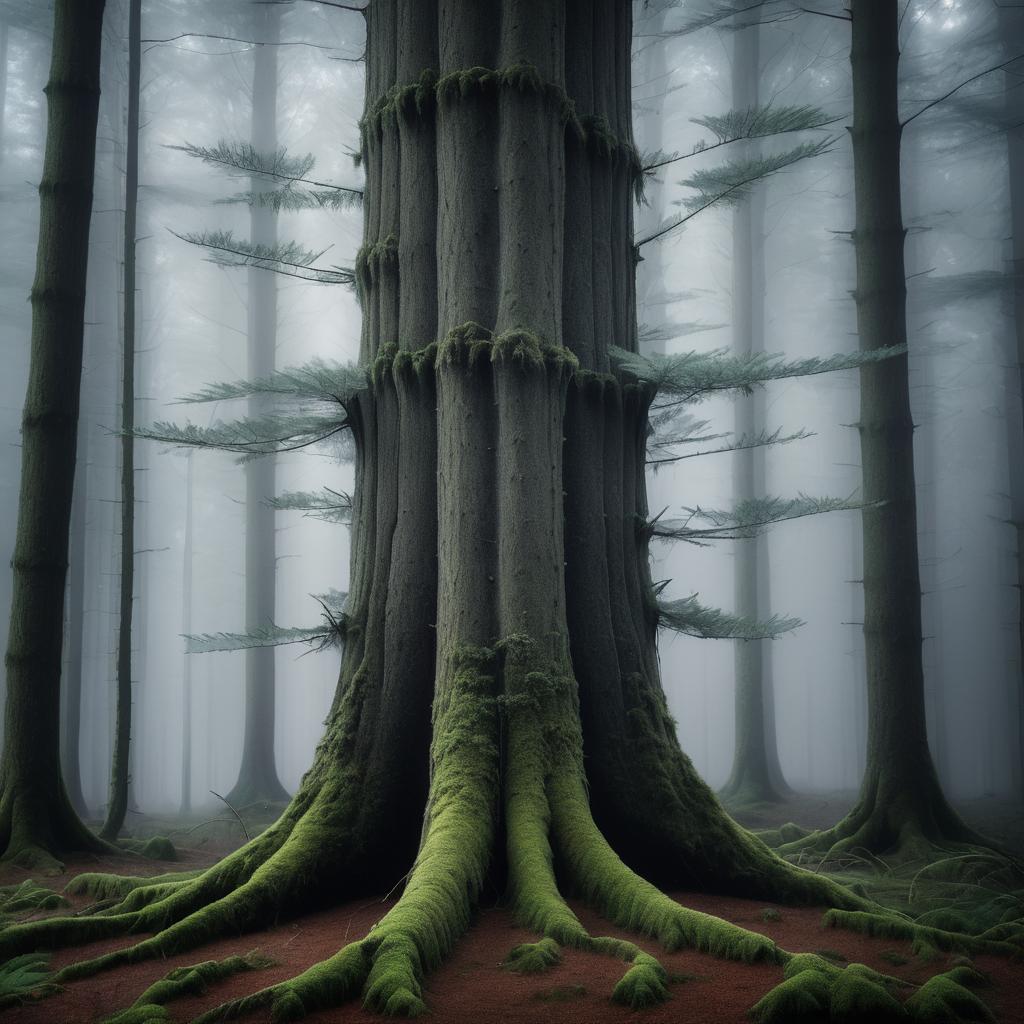 Hyper Realistic Tree Trunk in Misty Forest