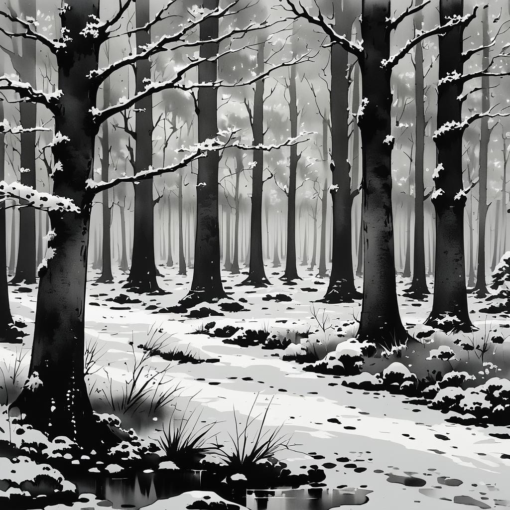 Tranquil Snowfall in Ancient Oak Forest