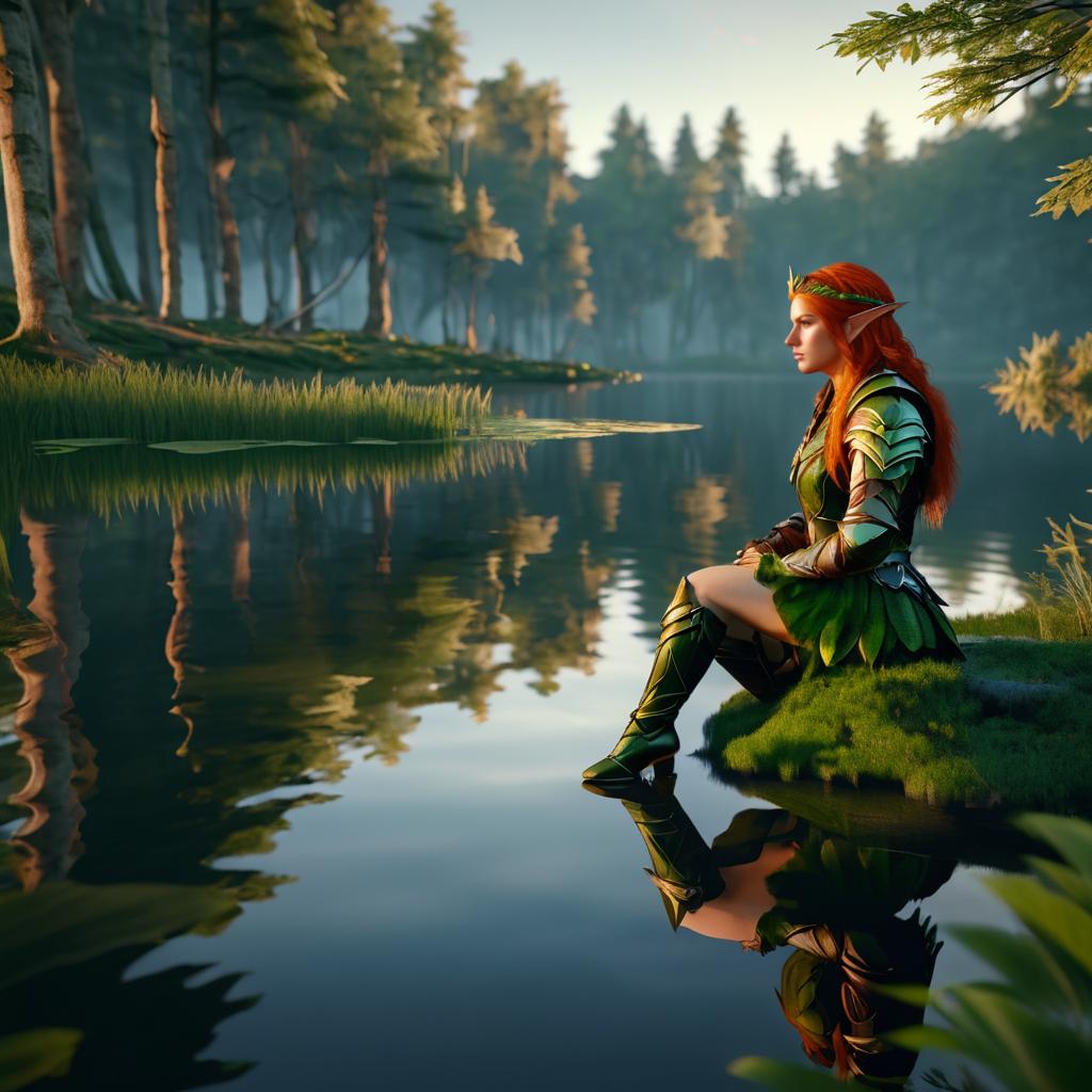 Enchanting Redhead Elf Warrior by the Lake