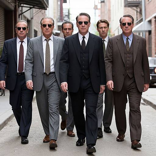 Photograph of six men in suits with sunglasses, walking down a city street. Varied suit colors and patterns, serious expressions, urban background with buildings