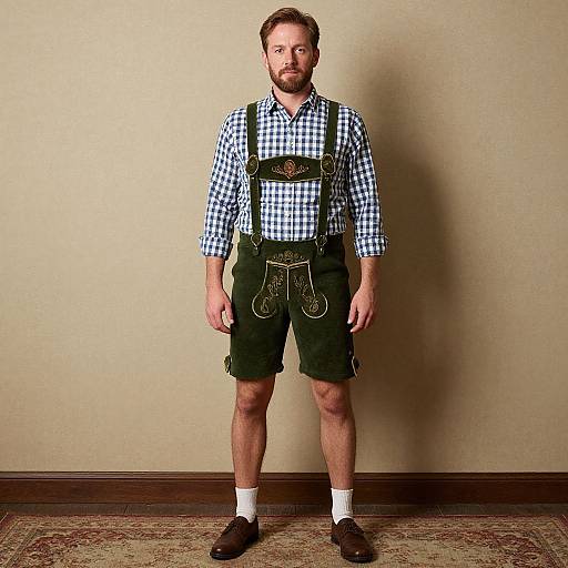 Photograph of a bearded man in a blue checkered shirt, black suspenders, green shorts, white socks, and brown shoes, standing on