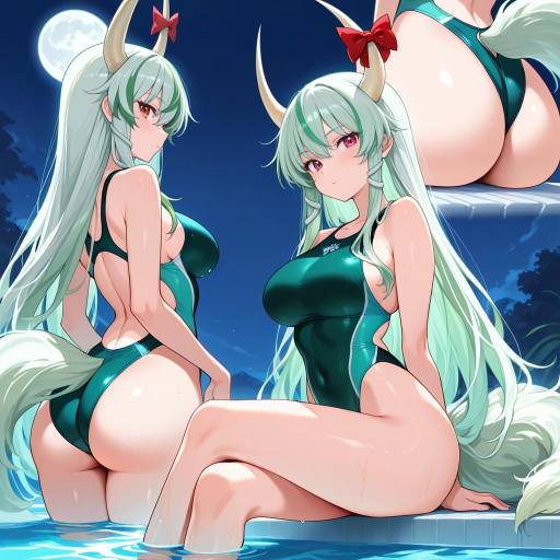 Girl in Unique Green Swimsuit by Moonlight