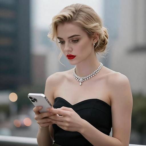 Elegant Blonde Woman Holding Smartphone