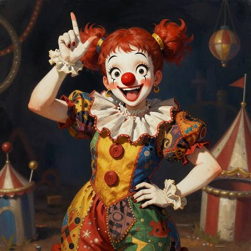 Colorful CGI clown with red nose, pigtails, white ruffled collar, and vibrant patchwork dress, pointing upwards in a circus tent.