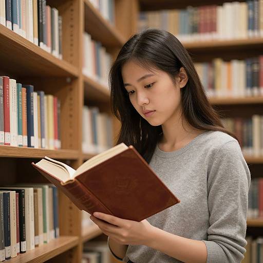 Asian woman with long black hair, wearing a gray sweater, intently reading a brown leather book in a library with wooden bookshelves filled with colorful
