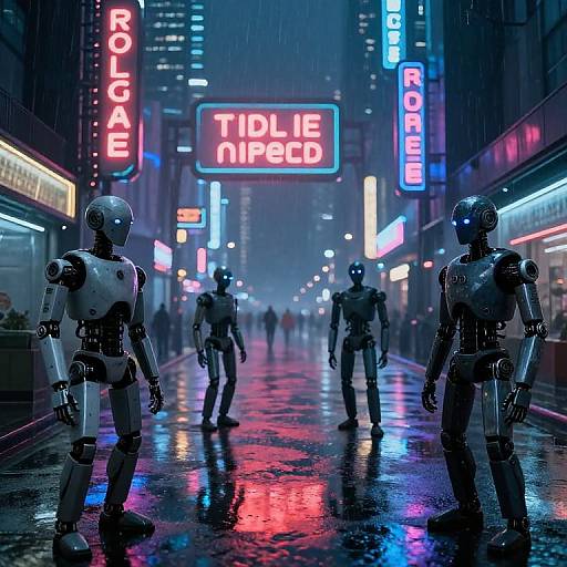 Cyberpunk city street at night, three futuristic robots walking under neon signs reading 