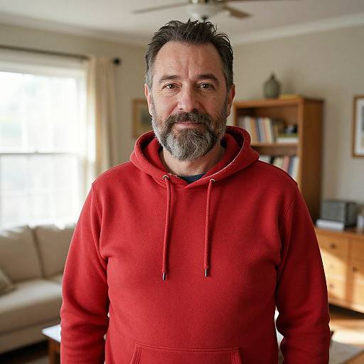 Middle-aged man with gray beard, dark hair, wearing red hoodie, standing in bright living room with bookshelf and couch. Photograph.