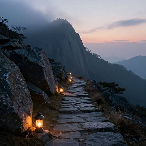 Photograph of a misty mountain path at dusk, illuminated by warm lanterns, leading to a silhouetted rocky peak, with a gradient