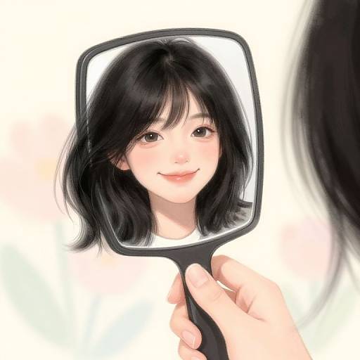 Digital anime-style illustration of a young woman with black hair, smiling at her reflection in a rectangular mirror held by a hand.
