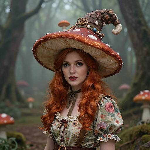 Digital fantasy artwork of a red-haired woman in a whimsical red and white-spotted wizard hat, floral dress, surrounded by mushrooms in a foggy