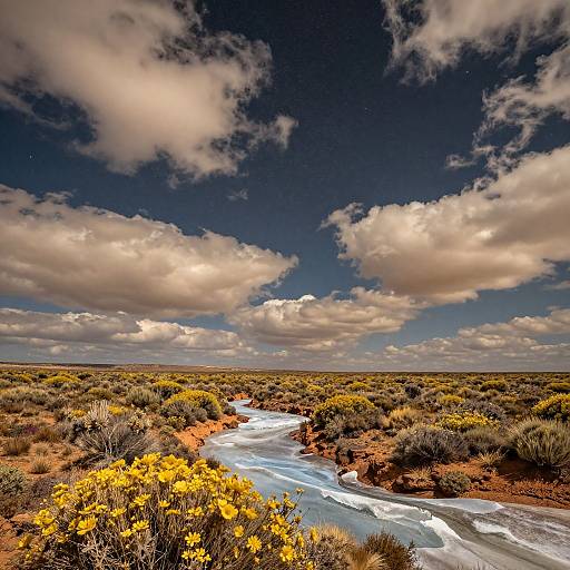 Photograph of a sunlit desert landscape with a winding icy stream, vibrant yellow bushes, and a sky filled with fluffy white clouds.