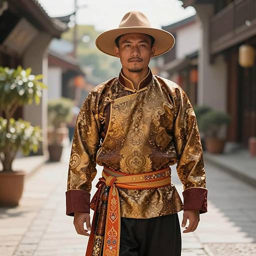 Man in Traditional Asian Outfit on Sunlit Street