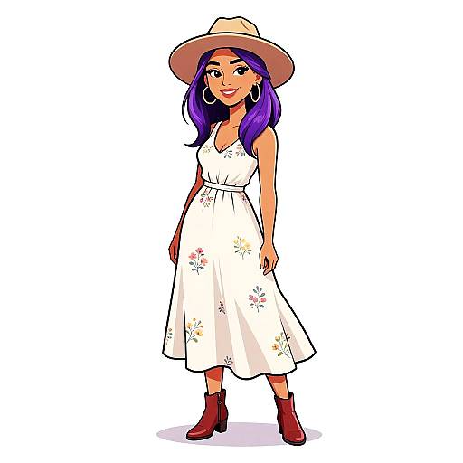 Digital drawing of a smiling woman with purple hair, wearing a white floral dress, wide-brimmed hat, hoop earrings, and red ankle boots.