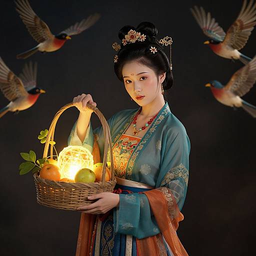 Photograph of a fair-skinned Asian woman in traditional blue and orange kimono, holding a basket with glowing lantern and fruit, surrounded by flying colorful