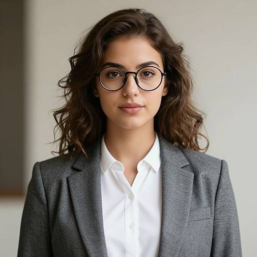Photograph of a young woman with wavy dark brown hair, wearing black-rimmed glasses, a gray blazer, and a white shirt,