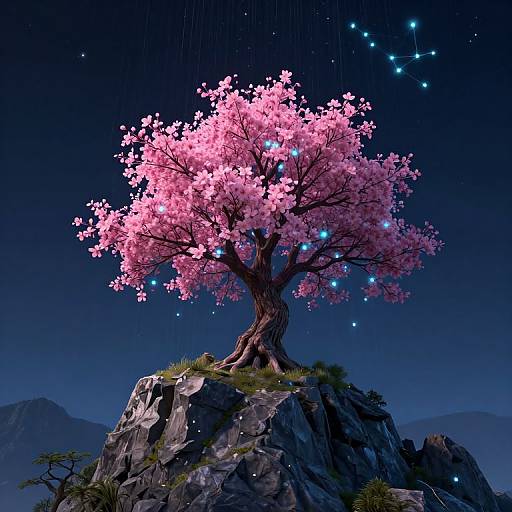 Surreal Bioluminescent Mountain Tree