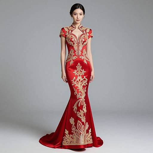 Photograph of an East Asian woman in a form-fitting, red, gold-embroidered cheongsam with a high collar and short sleeves